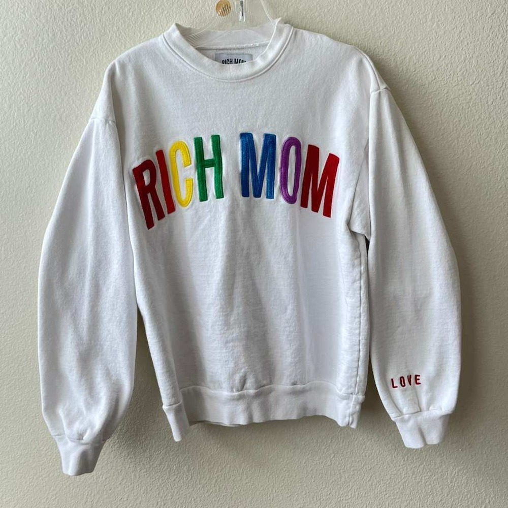 Rich Mom White Rainbow Graphic Crewneck Sweatshirt LOVE Sleeve Detail Small